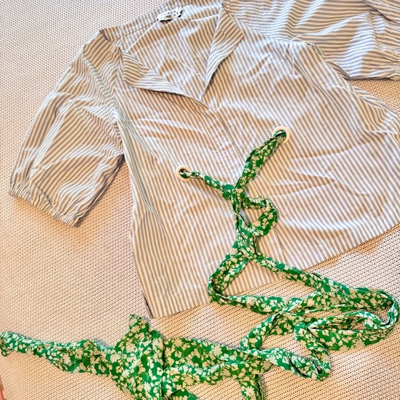 TANYA TAYLOR Blue Striped Blouse w Green Sash Women’s Top - Picture 8 of 14